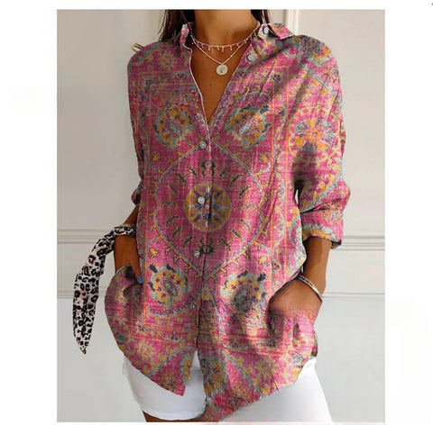 3D digital printing abstract pattern women's long-sleeved buckle linen shirt m301277