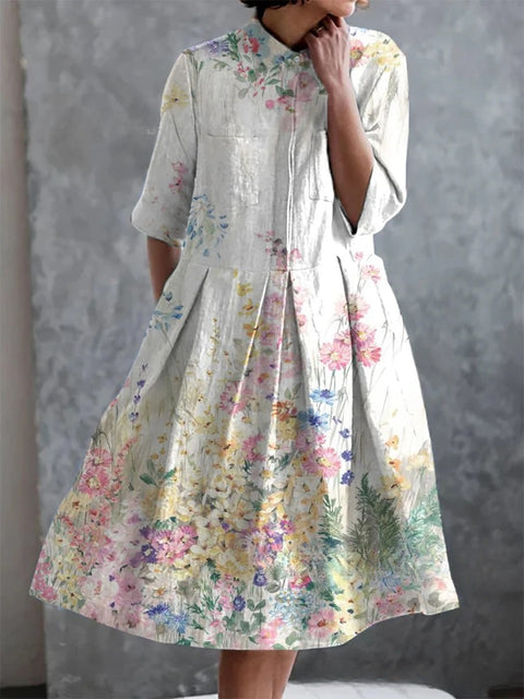 Robe chemise courte en chanvre élastique, motif floral japonais, style vacances, jupe pendule m303187