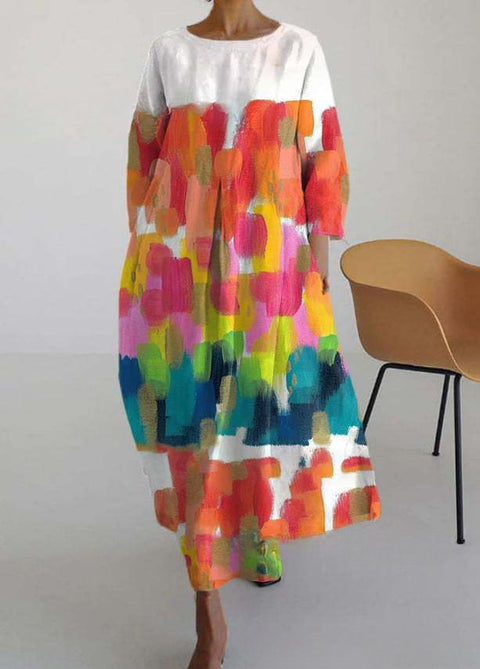 Women's loose crew neck fashion high-end long-sleeved printed dress m301049