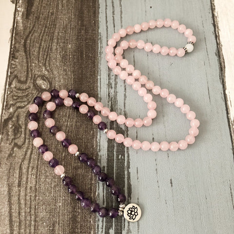 Mara Necklace and Bracelet 6mm Amethyst Yoga Bracelet Mara Lotus 108 Beads Pink Bracelet m3331246