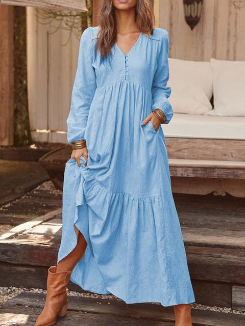 Button cotton and linen retro casual long-sleeved dress big swing long dress multi-color m301374