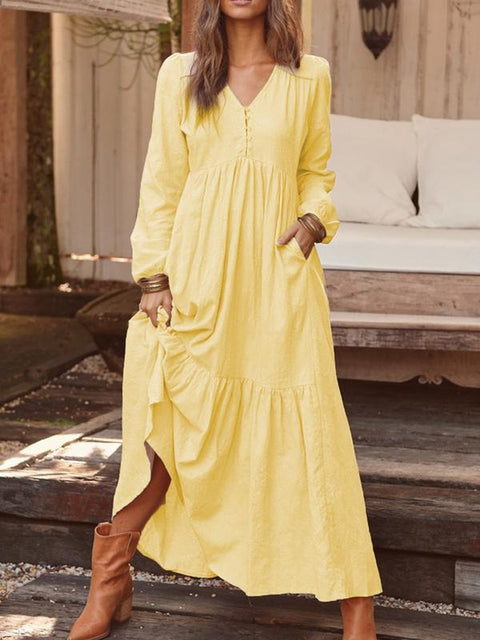 Button cotton and linen retro casual long-sleeved dress big swing long dress multi-color m301374