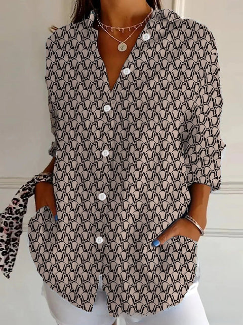 3D digital printing abstract pattern women's long-sleeved buckle linen shirt m301277