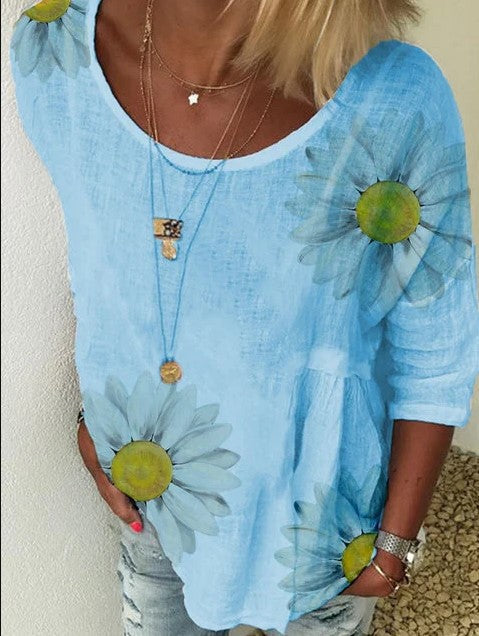 Chrysanthemum print crew neck seven-quarter sleeve T-shirt women's m300893