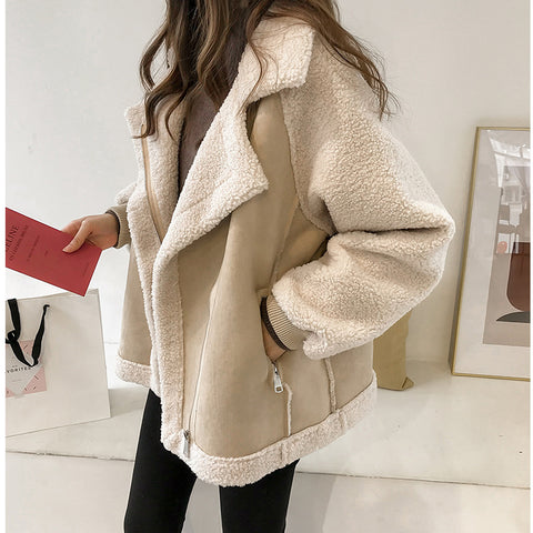 Loose fur integrated suede jacket women's short lamb wool motorcycle jacket m302143