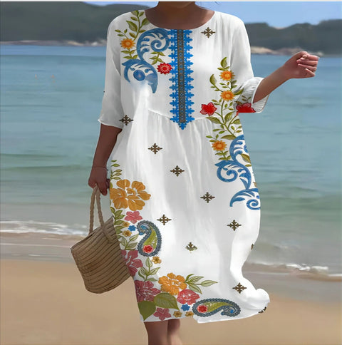 Loose crew neck fashion high-end long-sleeved printed dress m301053