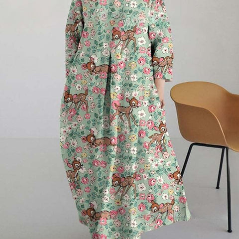 Women's loose crew neck fashion high-end long-sleeved printed dress m301049