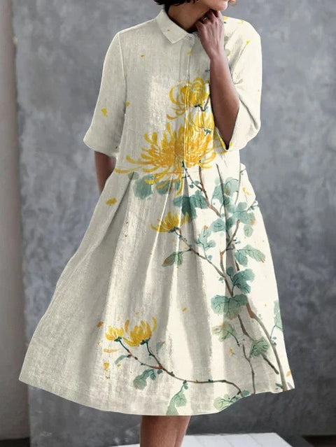 Robe chemise courte en chanvre élastique, motif floral japonais, style vacances, jupe pendule m303187