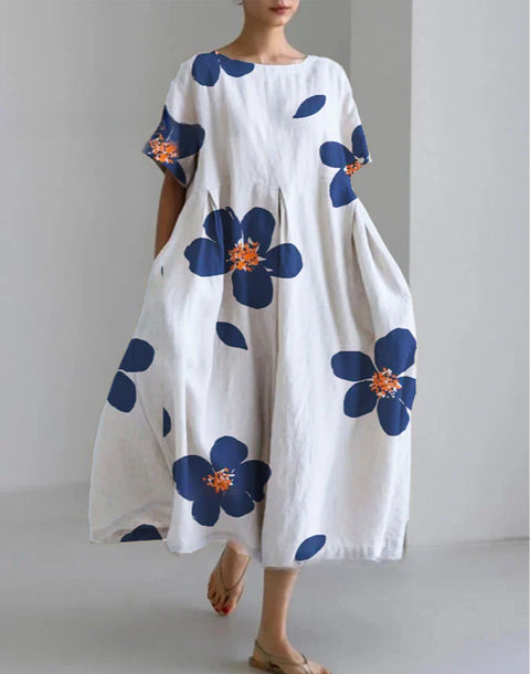 Women's loose crew neck fashion high-end short-sleeved printed dress m301052