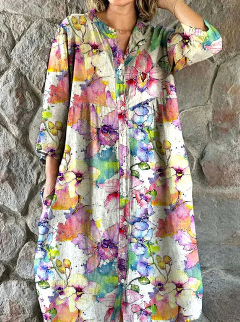 Women's Loose Crew Neck Fashion Premium Long Sleeve Printed Shirt Dress m301050