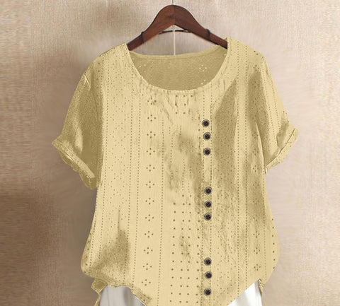 Summer Women's Solid Button Palace Lock Loose Short sleeved Round Neck Top m300046