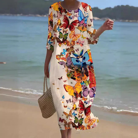 Loose crew neck fashion high-end long-sleeved printed dress m301053