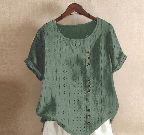 Summer Women's Solid Button Palace Lock Loose Short sleeved Round Neck Top m300046