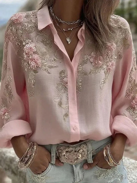 Chemise femme boutonnée à manches longues et revers fleuri m303076