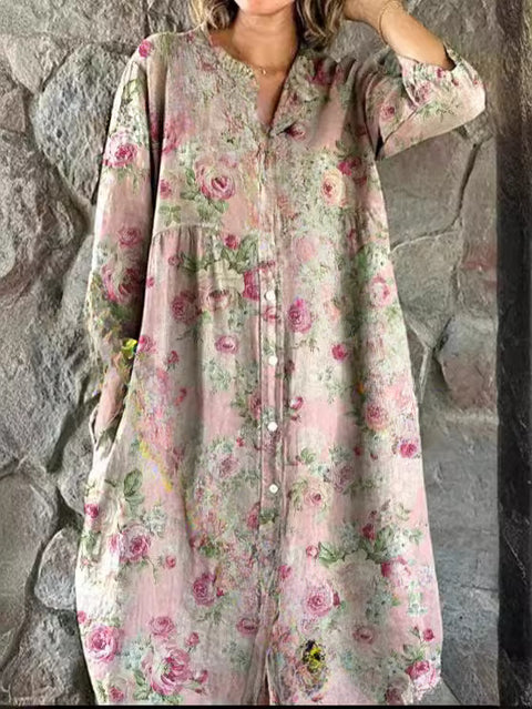 Women's Loose Crew Neck Fashion Premium Long Sleeve Printed Shirt Dress m301050