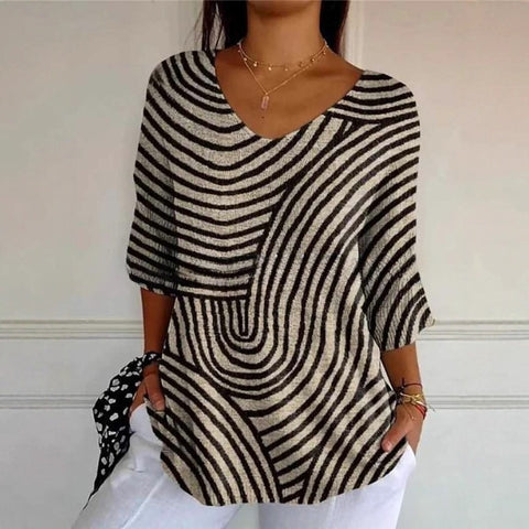 V-neck 3D printed geometric pattern five-quarter sleeve T-shirt top m302777