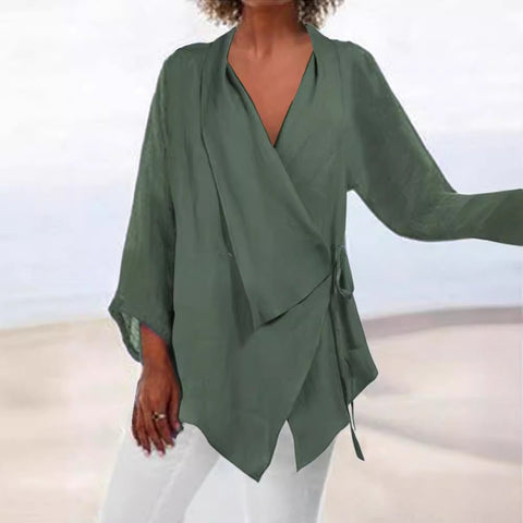 Solid color lace-up irregular hem cotton and linen women's casual top m302058