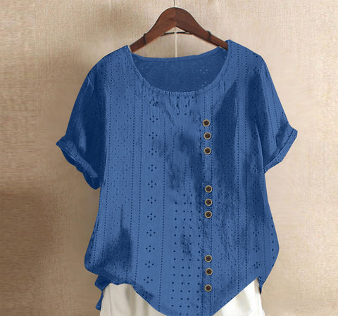 Summer Women's Solid Button Palace Lock Loose Short sleeved Round Neck Top m300046