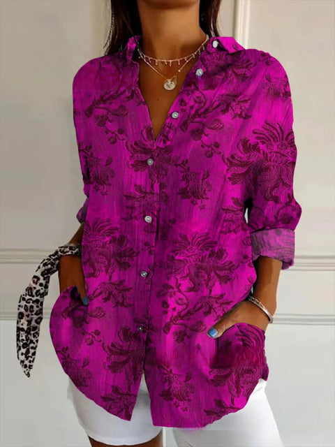 3D digital printing abstract pattern women's long-sleeved buckle linen shirt m301277