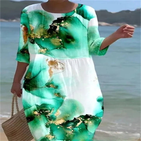 Loose Crew Neck Fashion Premium Long Sleeve Printed Dress m301045