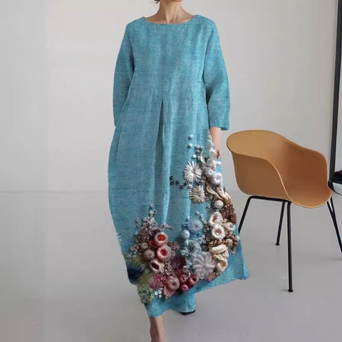 Women's loose crew neck fashion high-end long-sleeved printed dress m301049