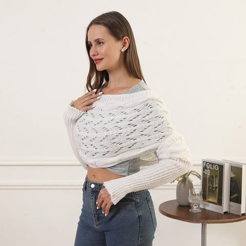 Double-sleeved extended hollow shawl multi-purpose knitted twist sweater with scarf outside autumn and winter women m302058
