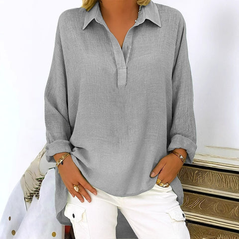 Solid color casual loose long-sleeved Tencel bamboo V-neck shirt m302096