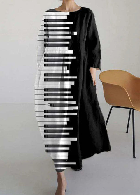 Women's loose crew neck fashion high-end long-sleeved printed dress m301049