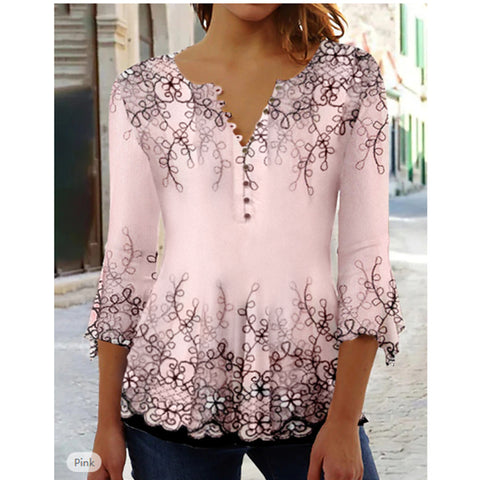 Fashion Ruili floral print V-neck three-quarter sleeve T-shirt m300035