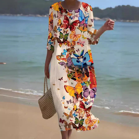 Loose crew neck fashion high-end long-sleeved printed dress m301053