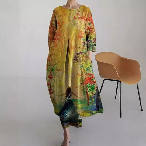 Women's loose crew neck fashion high-end long-sleeved printed dress m301049