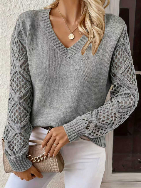 Spring and Autumn Jacket Hollow Knitted Sweater Women's Pullover Long Sleeve Hook Jacquard Loose V-Neck Bottom Top m301922