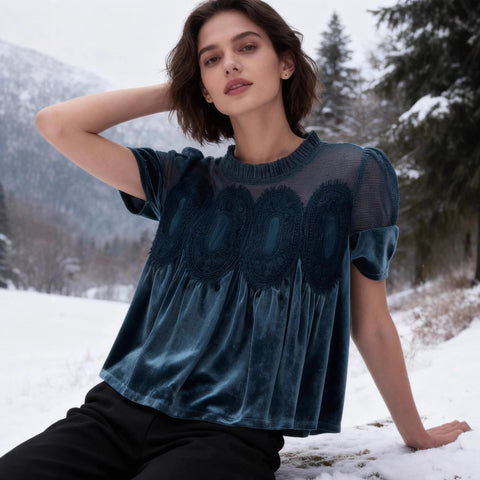 Mesh embroidered lace round neck pullover solid color velvet loose top m302350