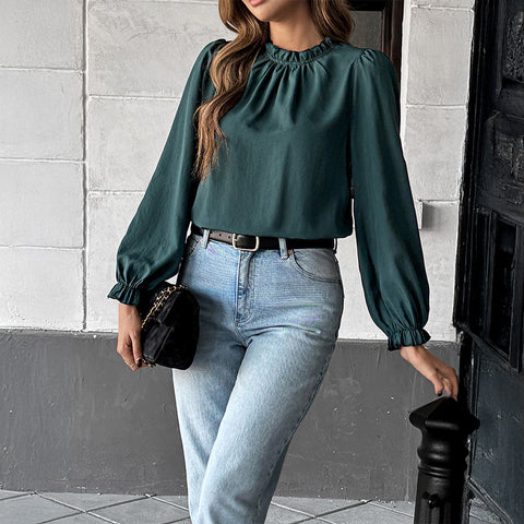 Casual simple style long-sleeved solid color wood ear edge shirt m301411