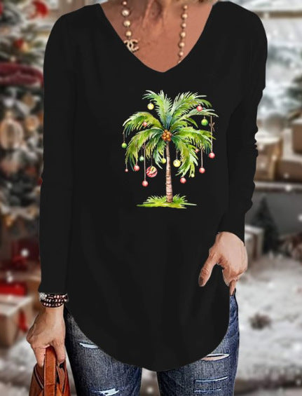 Loose 3D V-neck long-sleeved T-shirt women's Christmas printed bottoming shirt m302098