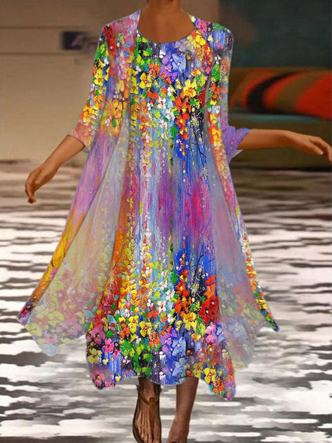 New women's long dress two-piece set flower and grass print crew neck dress m301251