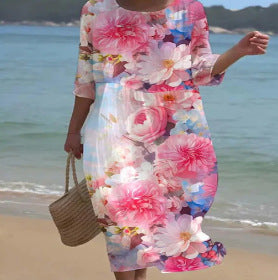 Loose crew neck fashion high-end long-sleeved printed dress m301053