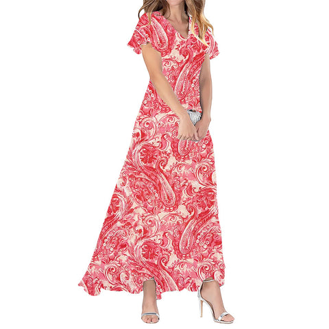 Big pendulum long dress V-neck short-sleeved printed chiffon dress m301544