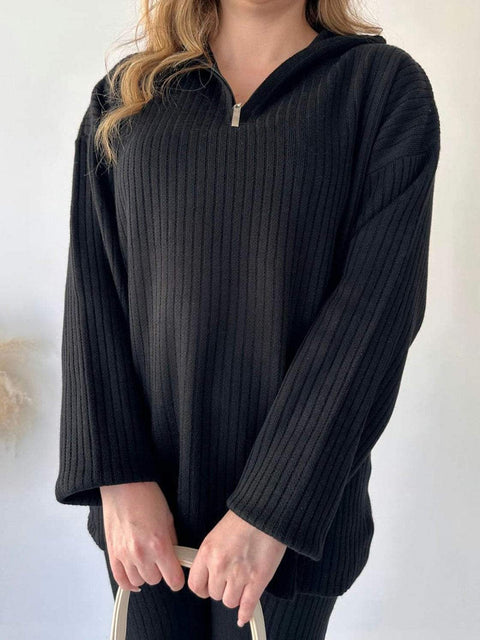 Women's solid color zipper knitted suit turtleneck pit strip loungewear two-piece set m301792