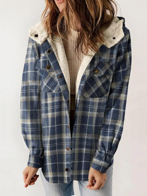 Women's plaid jacket long-sleeved hairy hooded jacket jacket with pockets m302153