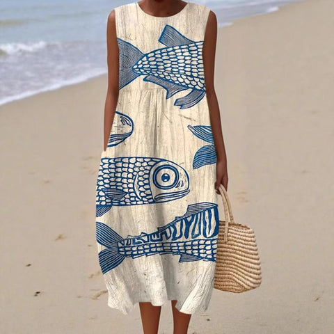 New sleeveless casual printing temperament long dress dress slim fit small fresh casual dress m301521
