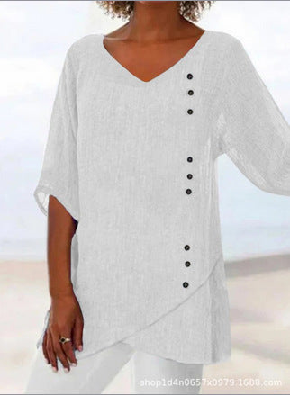 Women's printed animal natural scenery V-neck nine-quarter sleeve loose T-shirt m301289