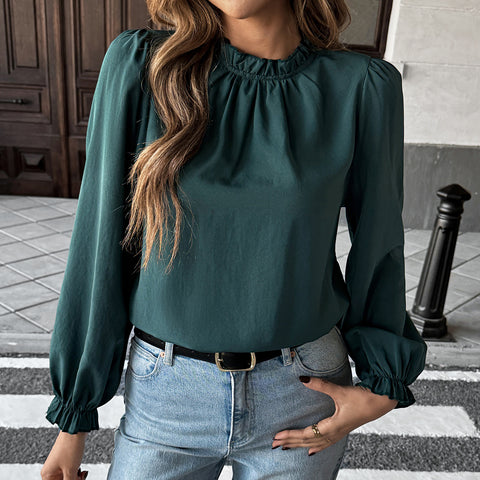 Casual simple style long-sleeved solid color wood ear edge shirt m301411