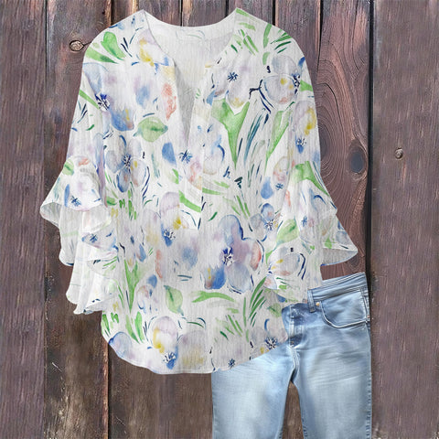 Creative floral element printing digital printing casual trend V-neck lotus edge T-shirt women's m301769