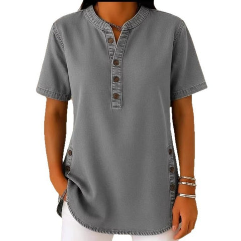 Crew Neck Button Daily Commuter Denim Casual Short Sleeve T-Shirt m303259