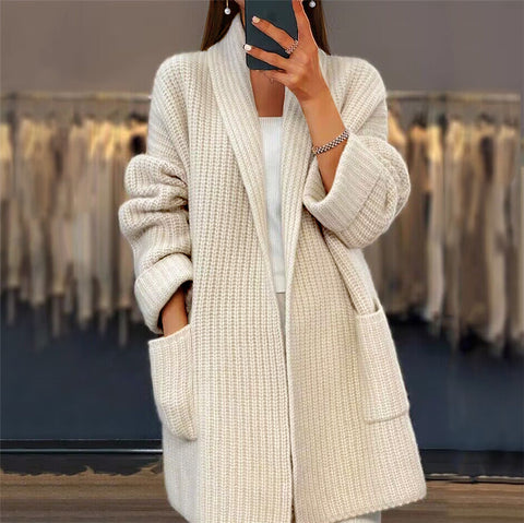 Autumn and winter new women's thickened solid color V-neck knitted cardigan loose pocket sweater jacket m300471