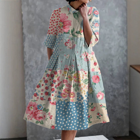 Robe chemise courte en chanvre élastique, motif floral japonais, style vacances, jupe pendule m303187