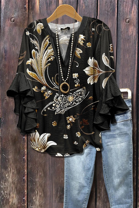 Creative floral element printing digital printing casual trend V-neck lotus edge T-shirt women's m301769