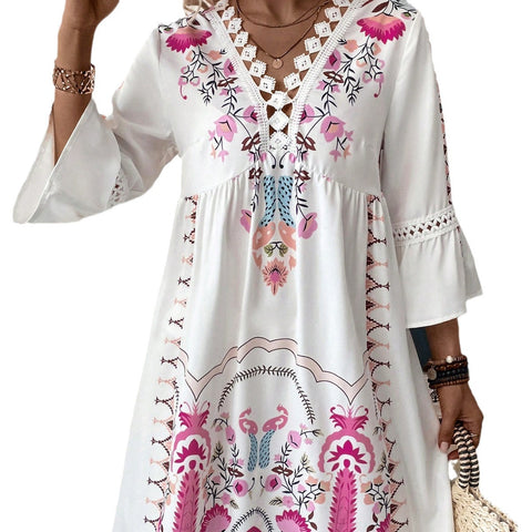 New V-neck lace splicing casual versatile print dress m300993