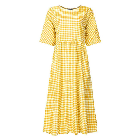 Spring plaid plaid literary temperament short-sleeved round neck pendulum dress m303191